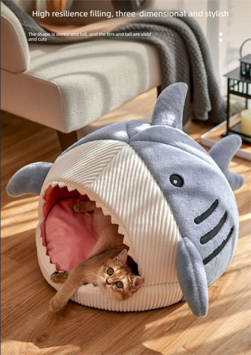 Novelty Shark Pet Cave Bed Enclosed Cozy Sleeping Nest for Cats and Small Dogs Soft Flannel Year Round Comfort Light Gray S Size