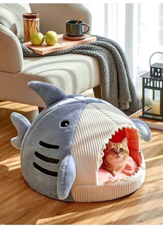 Novelty Shark Pet Cave Bed Enclosed Cozy Sleeping Nest for Cats and Small Dogs Soft Flannel Year Round Comfort Light Blue M Size