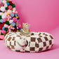 2-in-1 Cat Tunnel Bed Coffee Brown Daisy 80cm - Plush Donut Pet Cave & Play Tube - Detachable Washable Cushion & Interactive Hanging Toy for Indoor Cats