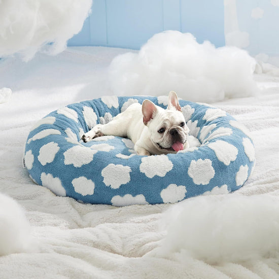 50cm Round Pet Bed Blue Sky & Clouds Design - Soft Plush Donut Cuddler for Small Dogs & Cats - Calming Anxiety Relief & All-Season Comfort