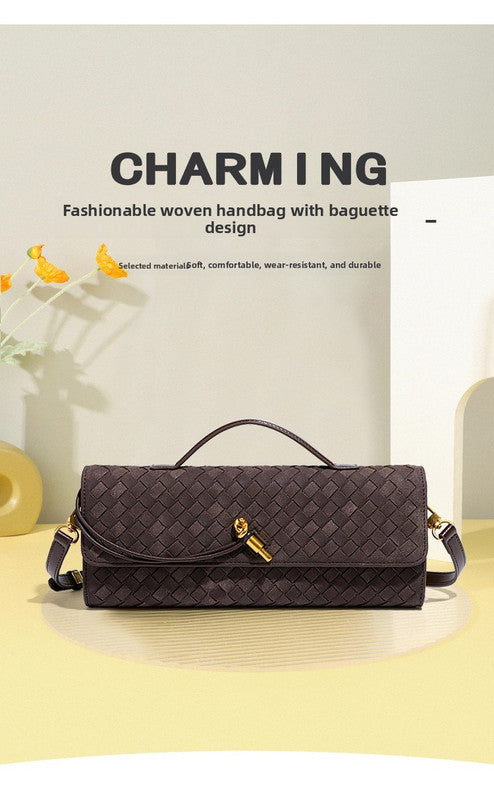 Retro Woven Baguette Handbag for Women Suede Texture PU Leather Shoulder Crossbody Bag Elegant Evening Clutch Brown