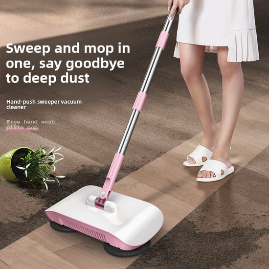 2-in-1 Manual Push Sweeper & Mop with Two Original Clothes - Handheld Floor Cleaner with Sealed Dustbin - Lightweight Cordless Design for Hardwood, Tile, and Marble Floors - Blue
