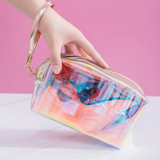Holographic TPU Cosmetic Bag - Waterproof Iridescent Makeup Pouch with Wrist Strap - Transparent Travel Toiletry Organiser - 18.5cm