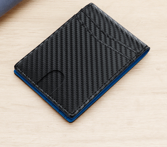 RFID Blocking Slim Bifold Wallet for Men - Carbon Fiber Texture PU Leather Card Holder with ID Window - Minimalist Front Pocket Purse - Blue
