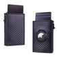 RFID Blocking Pop-Up Card Wallet with AirTag Holder - Carbon Fiber Texture Aluminum Smart Wallet - Automatic Slider Mechanism with Cash Compartment - Black (AirTag Not Included)