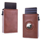 RFID Blocking Pop-Up Card Wallet with AirTag Holder - Automatic Slider Aluminium Smart Case with Cash Compartment - Slim Minimalist Coffee Brown Leather Design (AirTag Not Included)