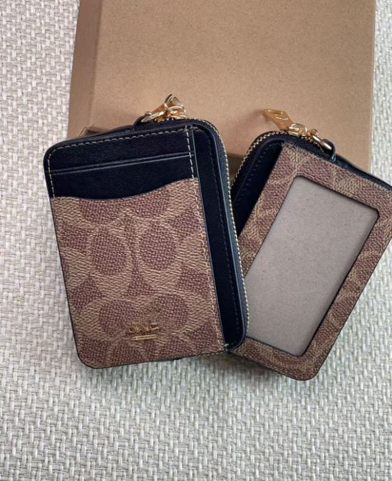 2 Pack Mini Zip Card Holder & Coin Purse with Keychain - Classic Brown & Midnight Black Monogram - Compact ID Wallet for Daily Commute & Travel