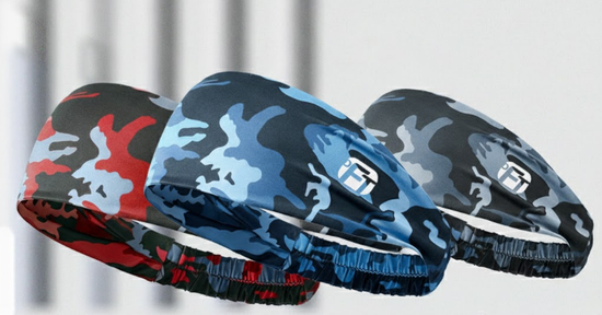 3 PCS Cooling Sports Headband Camouflage Print Ice Silk Sweat Band for Running Gym & Yoga Non Slip Stretchy Camo Red Blue & Grey