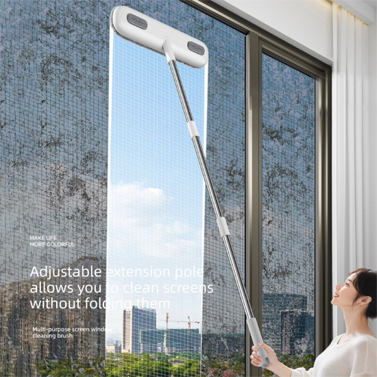 2-in-1 Window Fly Screen Cleaner Brush with Extendable 82cm Stainless Steel Handle and Wall Mount Clip Multifunctional Mesh Cleaning Tool for Wet and Dry Use