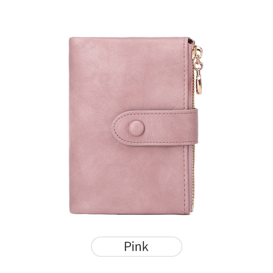 Ladies Compact Wallet Soft Vegan Leather Tri-Fold Purse Double Zipper Coin Pocket with Removable Card Holder High Capacity Multi Slots Pink