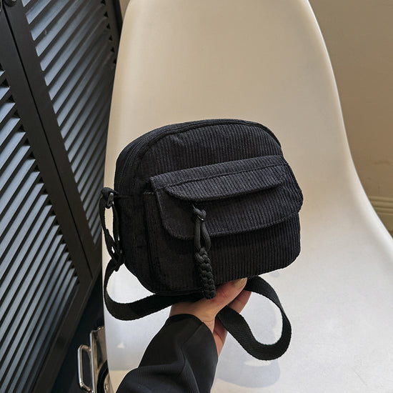 Corduroy Crossbody Bag Mini Messenger Shoulder Purse Adjustable Strap Vintage Style Casual Streetwear Phone Pouch Black