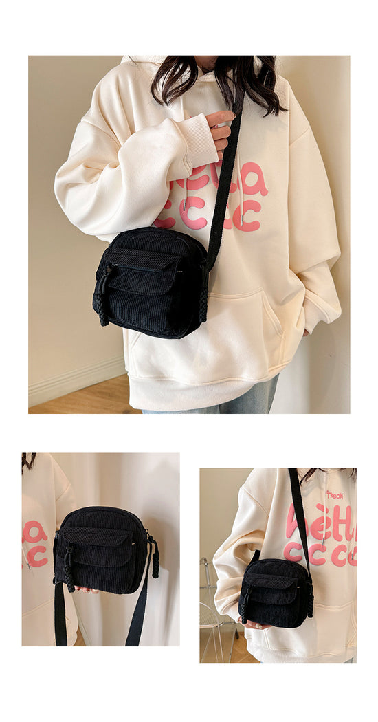 Corduroy Crossbody Bag Mini Messenger Shoulder Purse Adjustable Strap Vintage Style Casual Streetwear Phone Pouch Creamy White