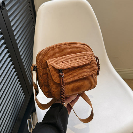 Corduroy Crossbody Bag Mini Messenger Shoulder Purse Adjustable Strap Vintage Style Casual Streetwear Phone Pouch Brown
