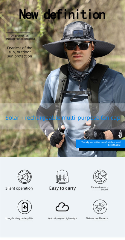 Dark Grey Dual Solar Fan Hat with Rechargeable Battery - Wide Brim UPF 50+ Sun Protection Bucket Hat for Fishing & Outdoor Work