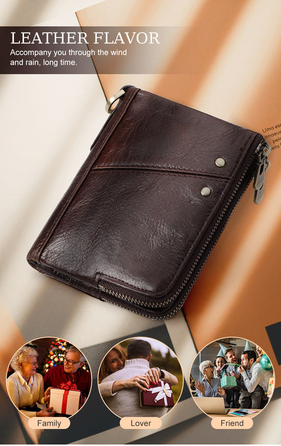 Genuine Leather Mens Wallet Double Zipper - RFID Blocking Bifold Card Holder with Coin Pocket - Green Gift for Him