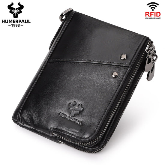 Genuine Leather Double Zipper Wallet - Black RFID Blocking Bifold Card Holder - Vintage Cowhide Purse with Coin Pockets (13cm)