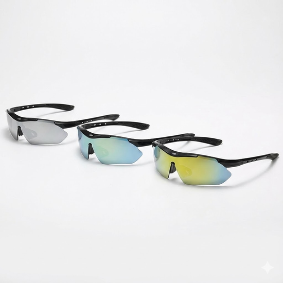3 PCS Outdoor Cycling Sunglasses Set Black Frame Sports Glasses Silver Gold and Light Colorful Mirror Lenses UV Protection Unisex Running Fishing