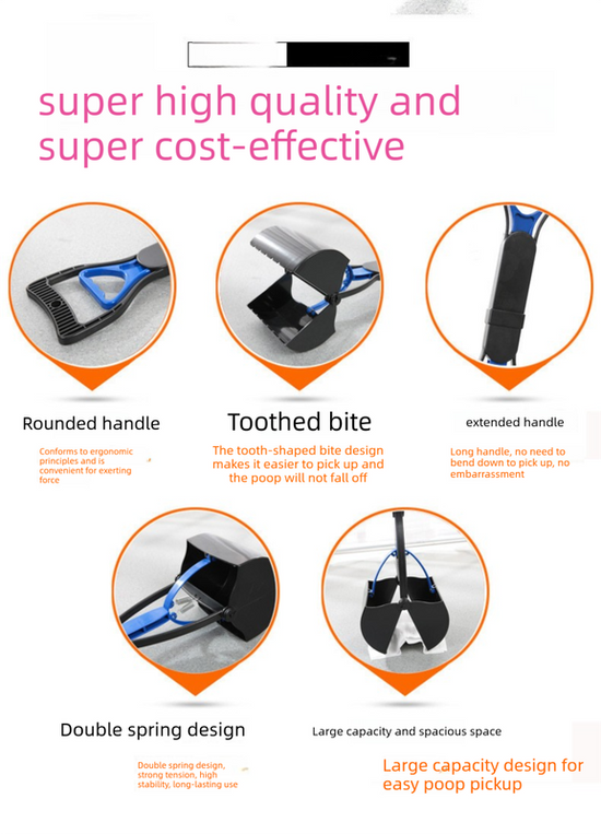 Portable Pet Pooper Scooper 28cm Handheld Dog Waste Jaw Claw Picker with Bone Dispenser & Waste Bags Black