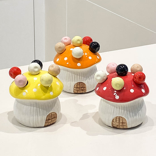 Red Cute Cartoon Mushroom Mirror Polished Cutlery Jar with 6-Piece Stainless Steel Fruit Fork Set - Dessert Picks/Appetizer Forks