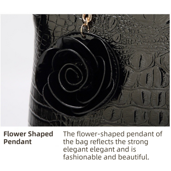 Dark Blue Patent PU Leather Crocodile Embossed Shell Bag(30 x 11 x 26 CM) with Floral Pendant
