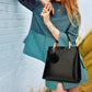 Black Patent PU Leather Crocodile Embossed Shell Bag(30 x 11 x 26 CM) with Floral Pendant