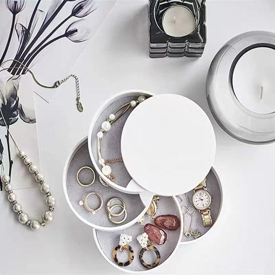White 4-Layer Rotating Jewelry Storage Box - Dust-Proof Velvet Lined Organizer for Rings, Coins, and Hair Accessories (10x10CM)