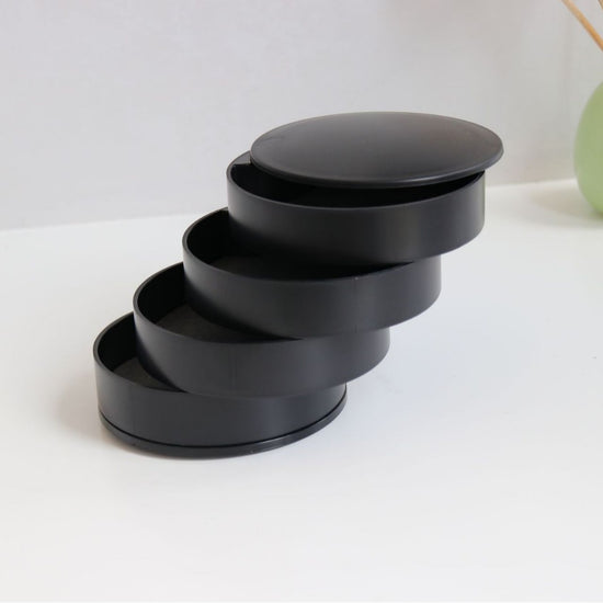 Black 4-Layer Rotating Jewelry Storage Box - Dust-Proof Velvet Lined Organizer for Rings, Coins, and Hair Accessories (10x10CM)
