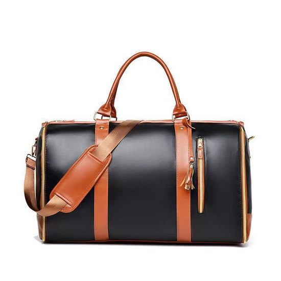 Brown 56-75L Large Capacity Foldable Garment Duffel Bag with Shoe Pouch - PU Leather Convertible Suit Carrier, Anti-Wrinkle Travel & Weekender Bag