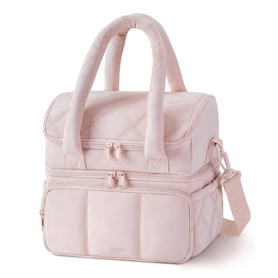 Pink Double-Layer Insulated Quilted Puffer Lunch Bag(10 x 7 x 10 inch) - Large Capacity Picnic Cooler Tote, Long-Lasting Hot/Cold Retention
