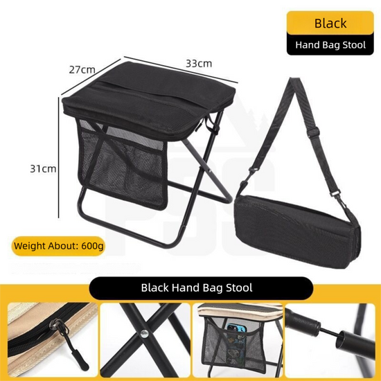 Black Foldable Compact Handbag With Stool -  Ultralight Travel Seat with Storage Pockets for Fishing, Hiking & Outdoor Activities