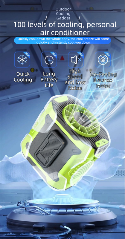 Black Portable Waist Fan - Construction Site Cooling Solution with 360° Turbo Ice Engine, 100 Speed Gears, and LED Light