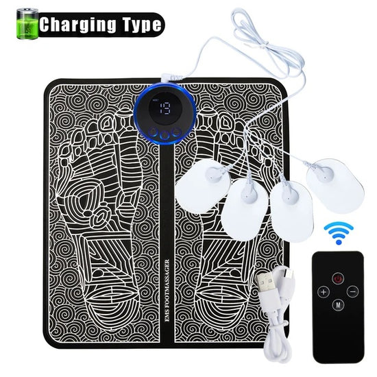 EMS Foot Massager Mat With 4 Adhesive Pads & Remote Control - Pulse Device for Foot Reflexology, Deep Tissue Massage, and Acupressure Stimulation