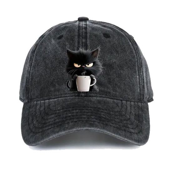 Black Washed Cotton Baseball Cap with Cat Print - Spring/Summer Casual Adjustable Unisex Couple Sun Hat