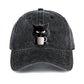 Black Washed Cotton Baseball Cap with Cat Print - Spring/Summer Casual Adjustable Unisex Couple Sun Hat