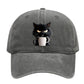 Grey Washed Cotton Baseball Cap with Cat Print - Spring/Summer Casual Adjustable Unisex Couple Sun Hat