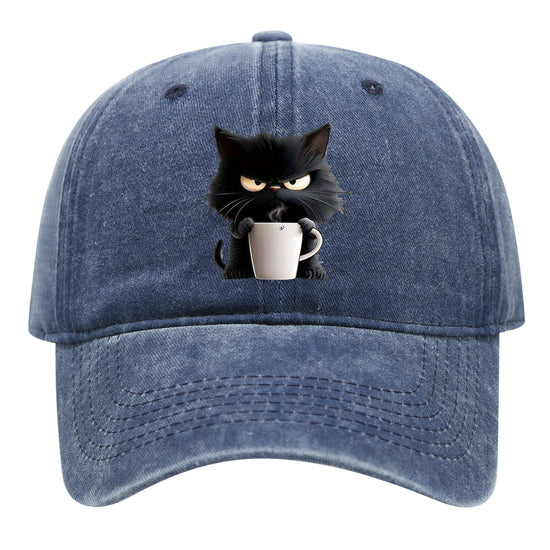 Blue Washed Cotton Baseball Cap with Cat Print - Spring/Summer Casual Adjustable Unisex Couple Sun Hat