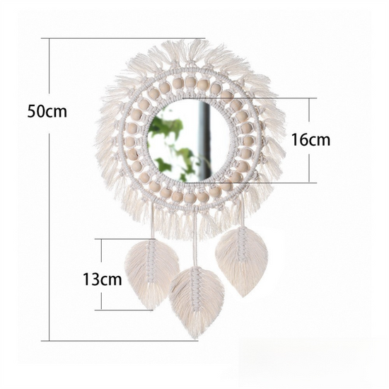 M0404 Bohemian Macrame Wall Hanging Mirror with Hand-Woven Petal Accents - Artistic Round Fringe Mirror for Home Decor