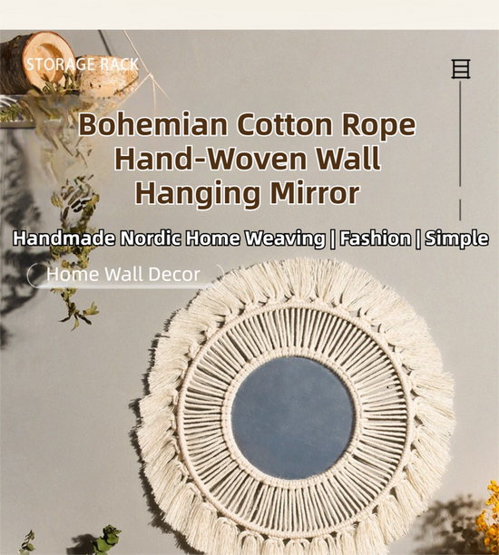 M0404 Bohemian Macrame Wall Hanging Mirror with Hand-Woven Petal Accents - Artistic Round Fringe Mirror for Home Decor