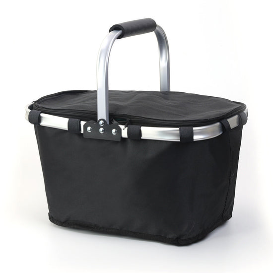 Black Foldable Insulated Picnic Basket With Zipper Lid & Handle - Modern Minimalist Large Capacity Thermal Shopping Basket for Grocery, Camping, and Meal Delivery