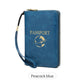 Peacock Blue RFID Blocking Travel Passport Holder - Multi-functional Waterproof PU Leather Security Travel Wallet with Zipper and Wristband