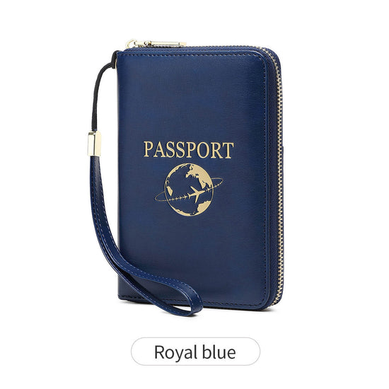 Royal Blue RFID Blocking Travel Passport Holder - Multi-functional Waterproof PU Leather Security Travel Wallet with Zipper and Wristband