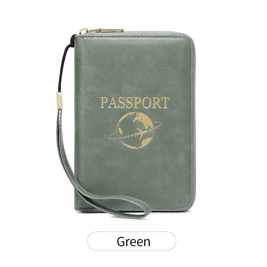 Green RFID Blocking Travel Passport Holder - Multi-functional Waterproof PU Leather Security Travel Wallet with Zipper and Wristband
