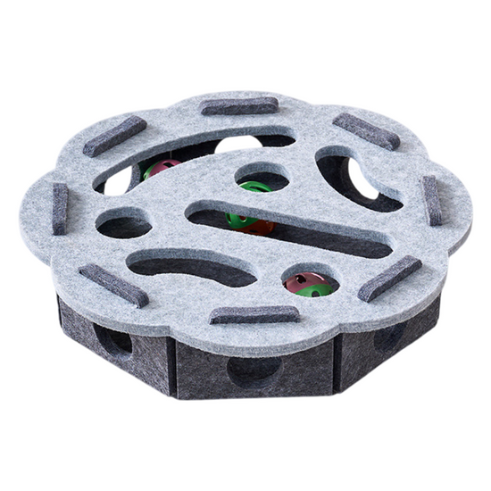 Grey Felt Puzzle Flower Shape Box Cat Toy with 2 Metal Bell Balls - Scratch-Resistant & Interactive Hide-and-Seek Toy, Brain Stimulating Fun