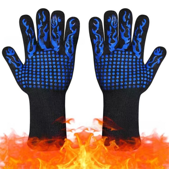 One Pair Blue Extreme Heat Resistant BBQ Gloves (800°C/1472°F) - Non-Slip Silicone Coated Fireproof Mitts for Smoker, Oven & Industrial Use