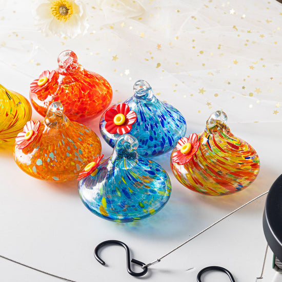 Outdoor Hand-Blown Glass Bird Feeder - 6-Color Durable Weather-Proof Bird Waterer, Includes Funnel & Hanging Plate