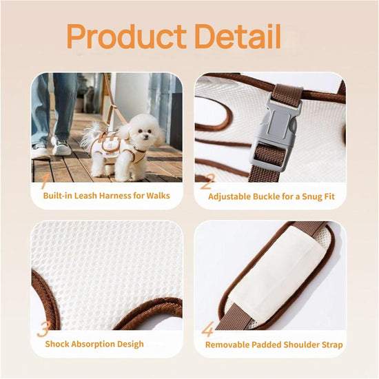 Beige 4-in-1 Multi-Functional Pet Carrier Bag with Detachable Strap & 1.5M Traction Rope - Lightweight Breathable Travel Sling for Cats & Dogs - Sizes L(Up to 9kg)