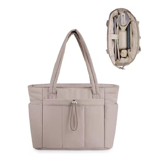 Khaki Quilted Puffer Nylon Tote/Laptop Bag for Women with Internal Cup Holder and Front & Side Pockets - Multi-Pocket Travel Handbag Fit in 15.7" Laptop