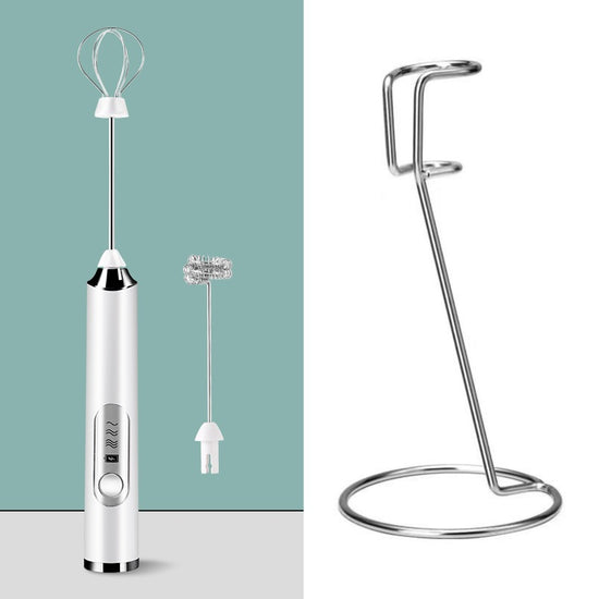 White Rechargeable Handheld Milk Frother and Electric Whisk Set 3 Speeds with 2 Stainless Steel Heads and Storage Stand Australian Home Barista Kit