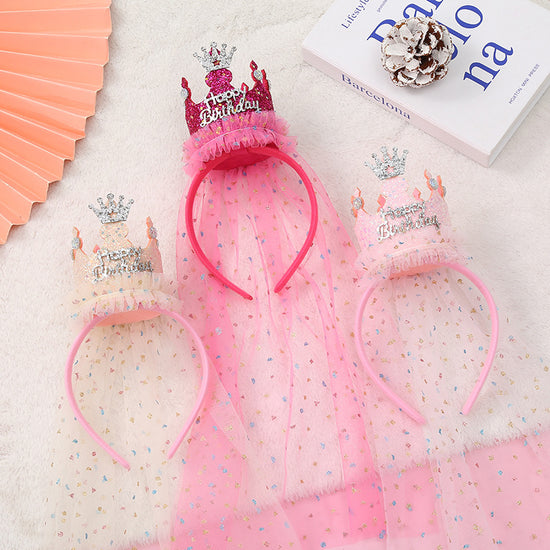 Beige 2-Pack Tulle Crown Headbands with "Happy Birthday" Sparkle Design for Kids – Princess Party Hair Accessories