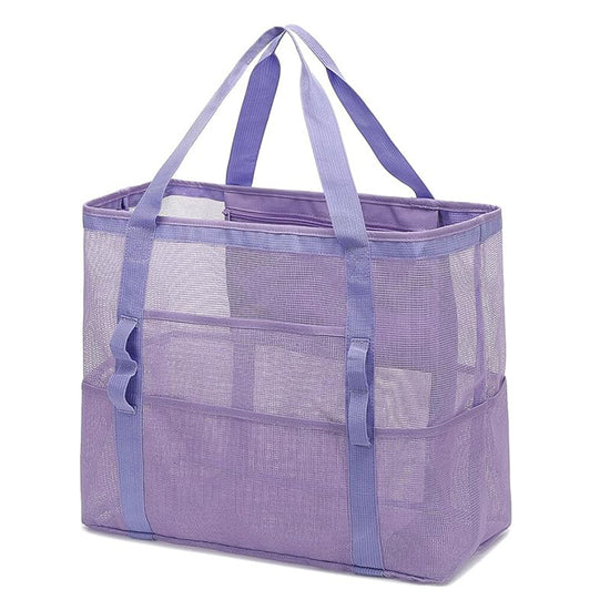 2-PCS Purple Mesh Beach Tote Bag – Large Capacity Swim Gear Organizer with Multiple Pockets for Shoes, Swimsuits, and Essentials